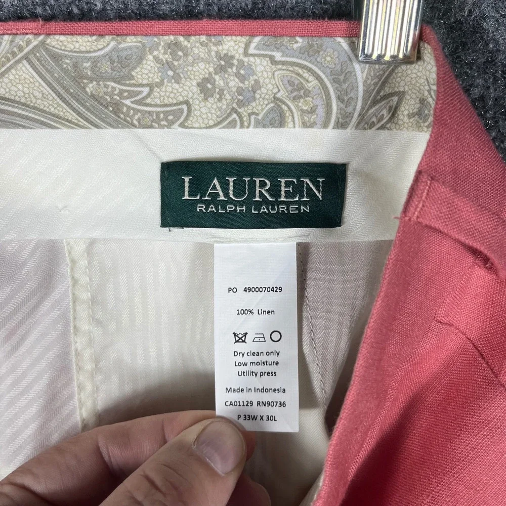 Ralph Lauren Linen Trousers Mens 33x30 Salmon Pink Flat Front Pants